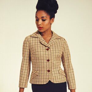 Vintage 1960s Brown and Cream Checked Blazer Jacket - Unlined, 34 Inch Bust XS